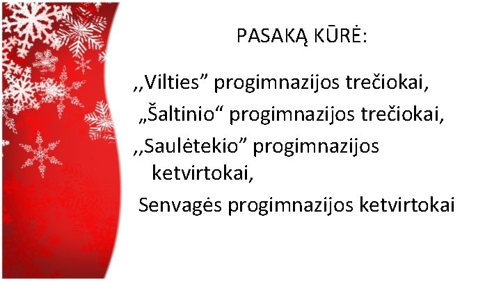 PASAKĄ KŪRĖ: , , Vilties” progimnazijos trečiokai, „Šaltinio“ progimnazijos trečiokai, , , Saulėtekio” progimnazijos