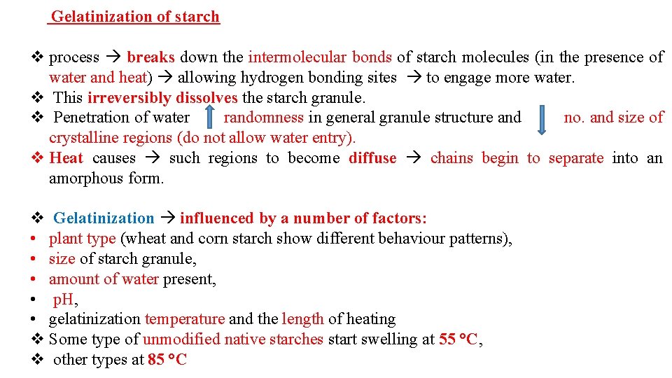 Gelatinization of starch v process breaks down the intermolecular bonds of starch molecules (in