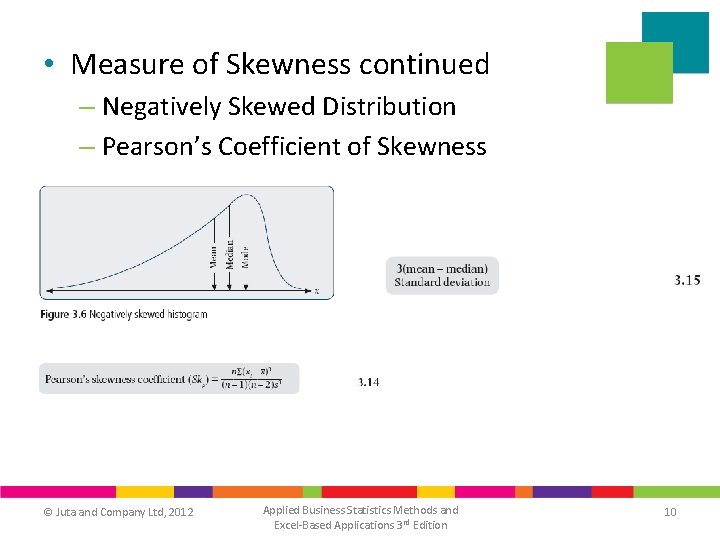  • Measure of Skewness continued – Negatively Skewed Distribution – Pearson’s Coefficient of