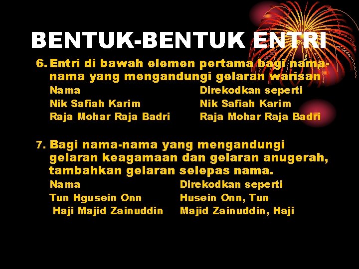 BENTUK-BENTUK ENTRI 6. Entri di bawah elemen pertama bagi nama yang mengandungi gelaran warisan