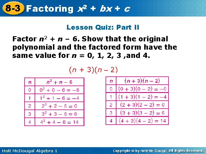 8 -3 Factoring x 2 + bx + c Lesson Quiz: Part II Factor