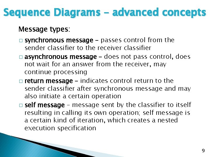 Sequence Diagrams – advanced concepts Message types: synchronous message – passes control from the