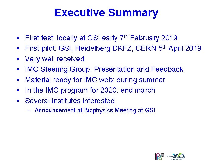 Executive Summary • • First test: locally at GSI early 7 th February 2019