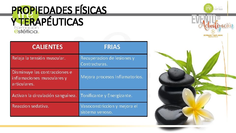 PROPIEDADES FÍSICAS Y TERAPÉUTICAS CALIENTES Relaja la tensión muscular. Disminuye las contracciones e inflamaciones