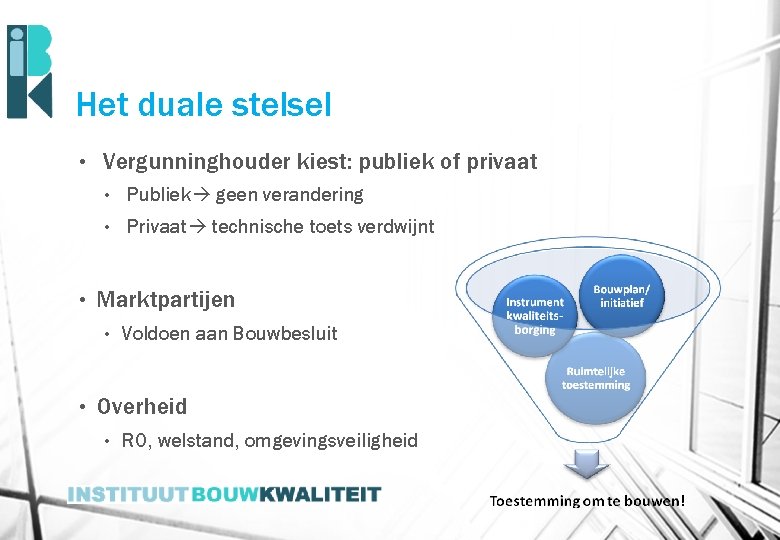 Het duale stelsel • • Vergunninghouder kiest: publiek of privaat • Publiek geen verandering