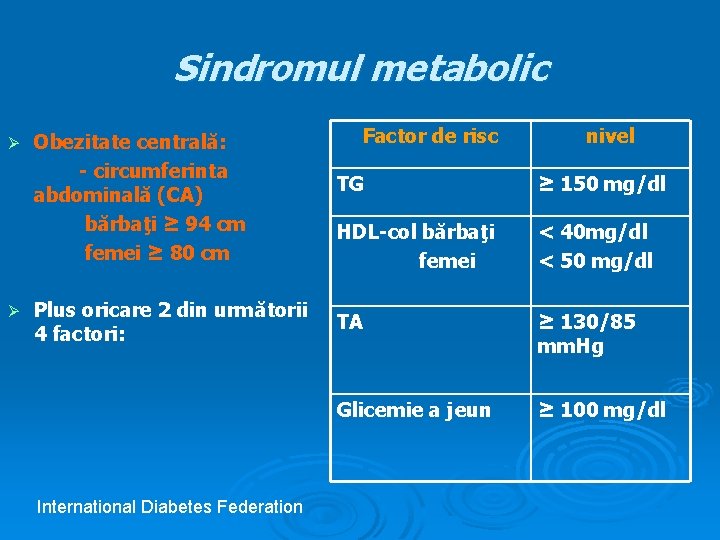 Sindromul metabolic Ø Ø Obezitate centrală: - circumferinta abdominală (CA) bărbaţi ≥ 94 cm