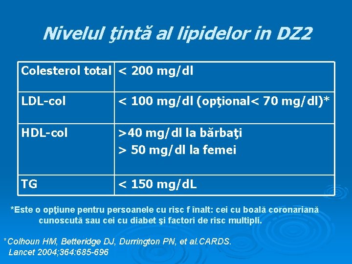 Nivelul ţintă al lipidelor in DZ 2 Colesterol total < 200 mg/dl LDL-col <