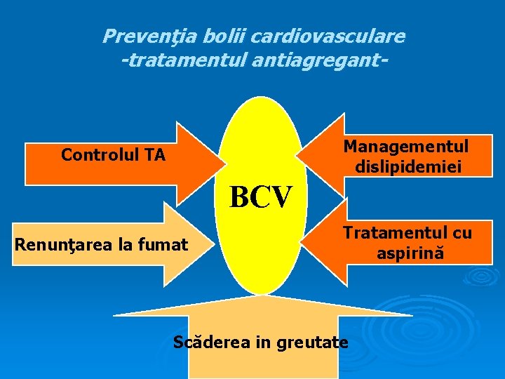 Prevenţia bolii cardiovasculare -tratamentul antiagregant- Managementul dislipidemiei Controlul TA BCV Renunţarea la fumat Tratamentul