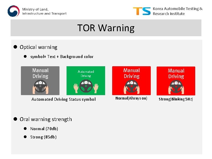 Korea Automobile Testing & Research Institute TOR Warning l Optical warning l symbol+ Text