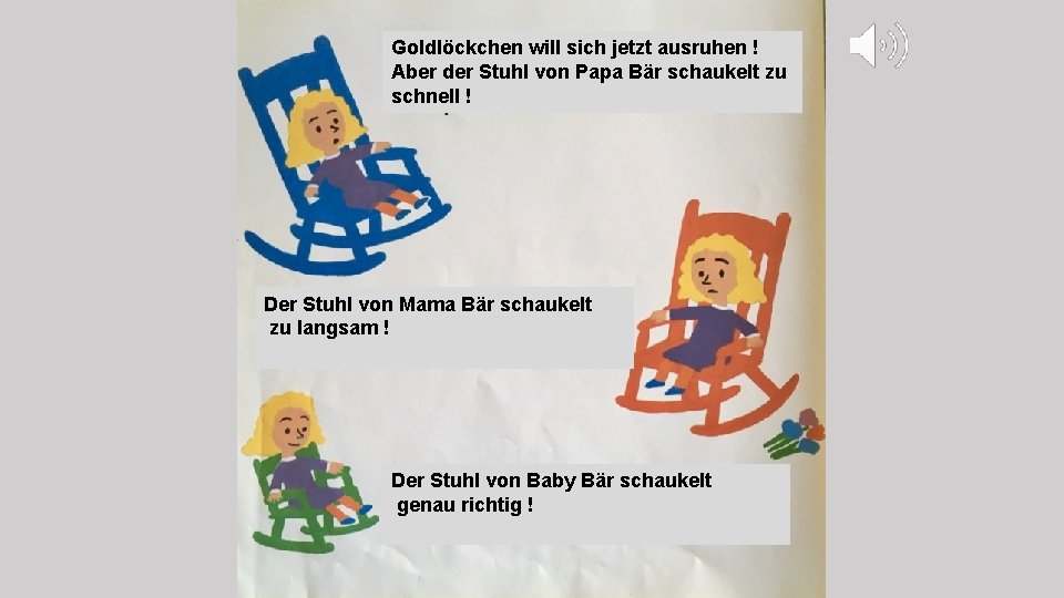 Goldlöckchen will sich jetzt ausruhen ! Aber der Stuhl von Papa Bär schaukelt zu