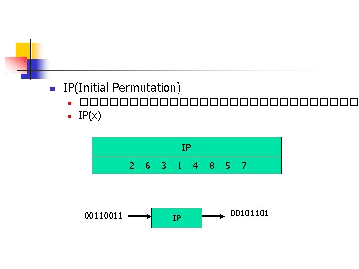  IP(Initial Permutation) ��������������� IP(x) IP 2 0011 6 3 1 IP 4 8