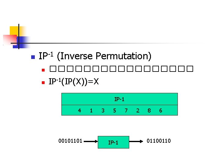  IP-1 (Inverse Permutation) ��������� IP-1(IP(X))=X IP-1 4 00101101 1 3 5 IP-1 7