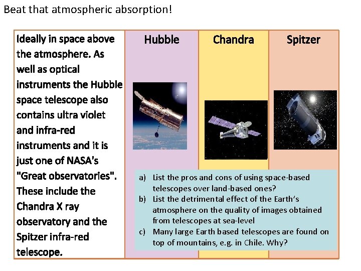 Beat that atmospheric absorption! Ideally in space above the atmosphere. As well as optical