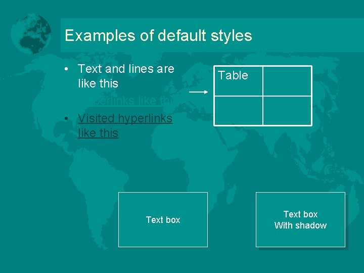 Examples of default styles • Text and lines are like this • Hyperlinks like