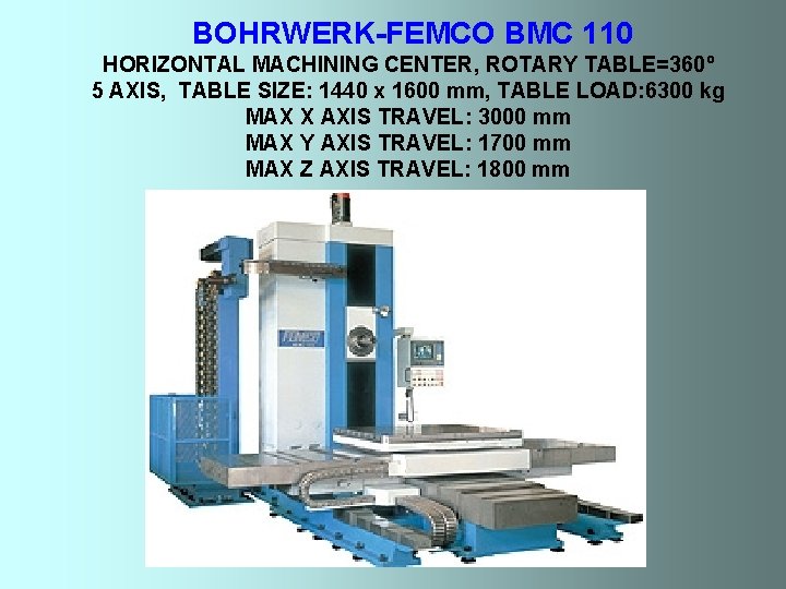 BOHRWERK-FEMCO BMC 110 HORIZONTAL MACHINING CENTER, ROTARY TABLE=360º 5 AXIS, TABLE SIZE: 1440 x