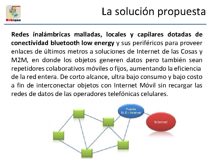 La solución propuesta Redes inalámbricas malladas, locales y capilares dotadas de conectividad bluetooth low