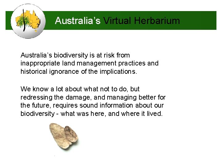 Australia’s Virtual Herbarium Australia’s biodiversity is at risk from inappropriate land management practices and