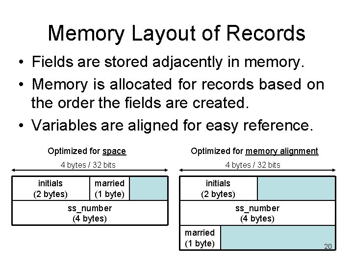 Memory Layout of Records • Fields are stored adjacently in memory. • Memory is