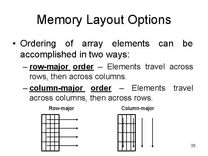 Memory Layout Options • Ordering of array elements can be accomplished in two ways: