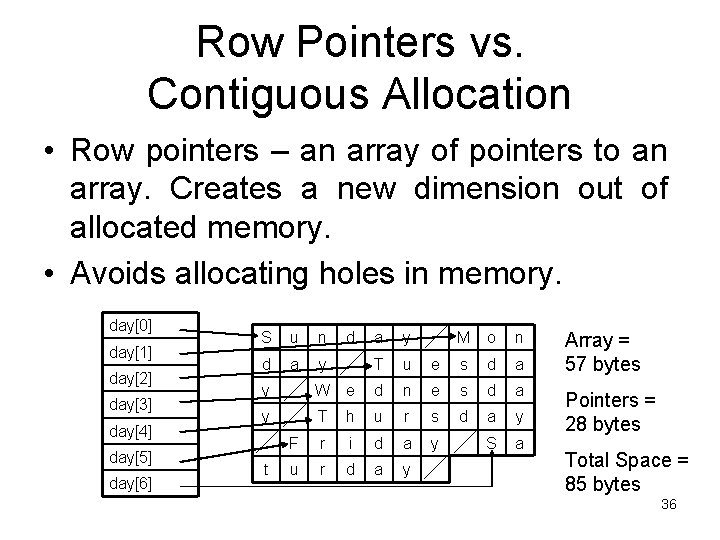 Row Pointers vs. Contiguous Allocation • Row pointers – an array of pointers to