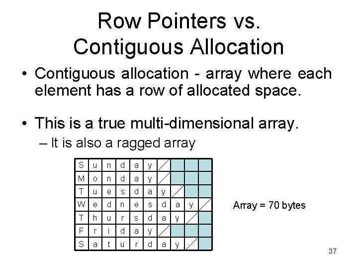 Row Pointers vs. Contiguous Allocation • Contiguous allocation - array where each element has