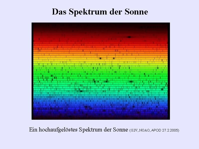 Das Spektrum der Sonne Ein hochaufgelöstes Spektrum der Sonne (G 2 V, NOAO, APOD