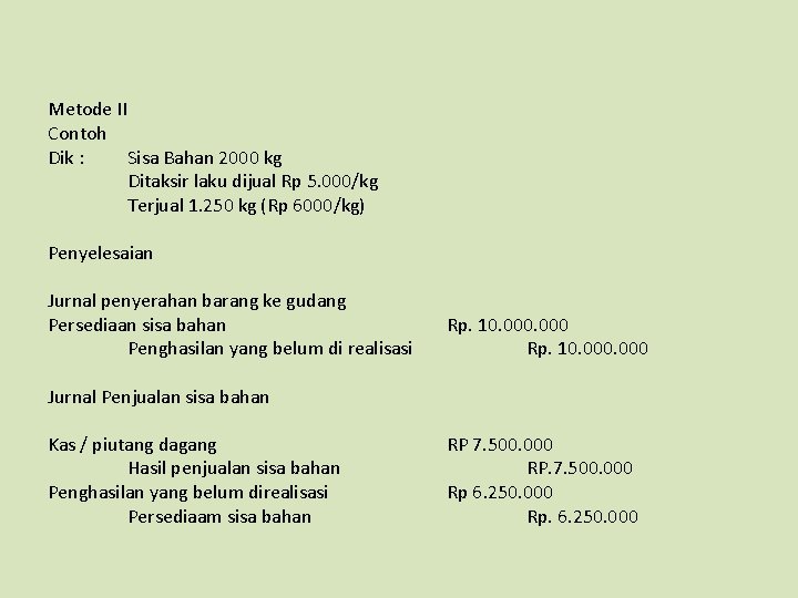 Metode II Contoh Dik : Sisa Bahan 2000 kg Ditaksir laku dijual Rp 5.