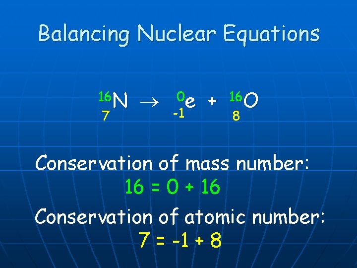 Balancing Nuclear Equations 16 N 7 0 e -1 + 16 O 8 Conservation