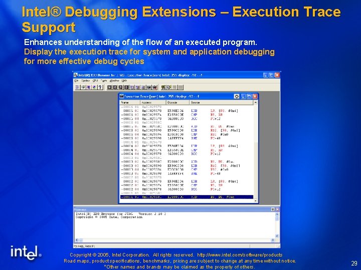 Intel® Debugging Extensions – Execution Trace Support Enhances understanding of the flow of an