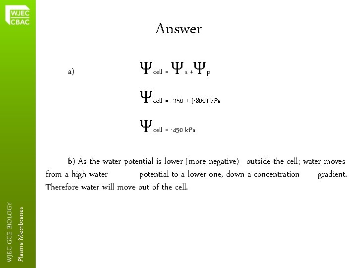 Answer a) Ψcell = Ψs +Ψp Ψcell = 350 + (-800) k. Pa Ψcell