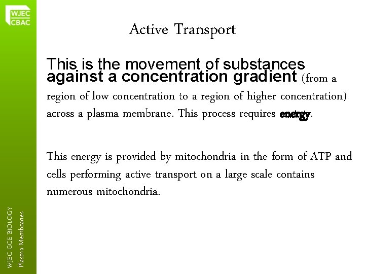 Active Transport This is the movement of substances against a concentration gradient (from a