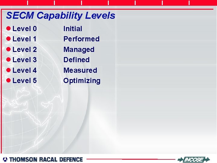 SECM Capability Levels l Level 0 l Level 1 l Level 2 l Level