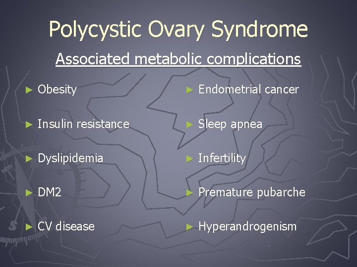 Polycystic Ovary Syndrome Associated metabolic complications ► Obesity ► Endometrial cancer ► Insulin resistance