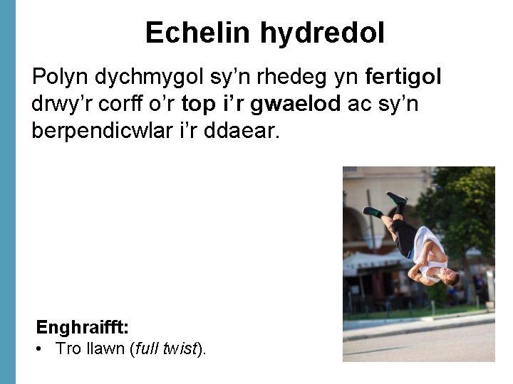 Echelin hydredol Polyn dychmygol sy’n rhedeg yn fertigol drwy’r corff o’r top i’r gwaelod