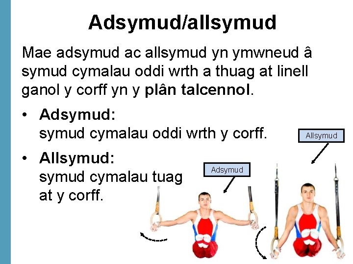 Adsymud/allsymud Mae adsymud ac allsymud yn ymwneud â symud cymalau oddi wrth a thuag