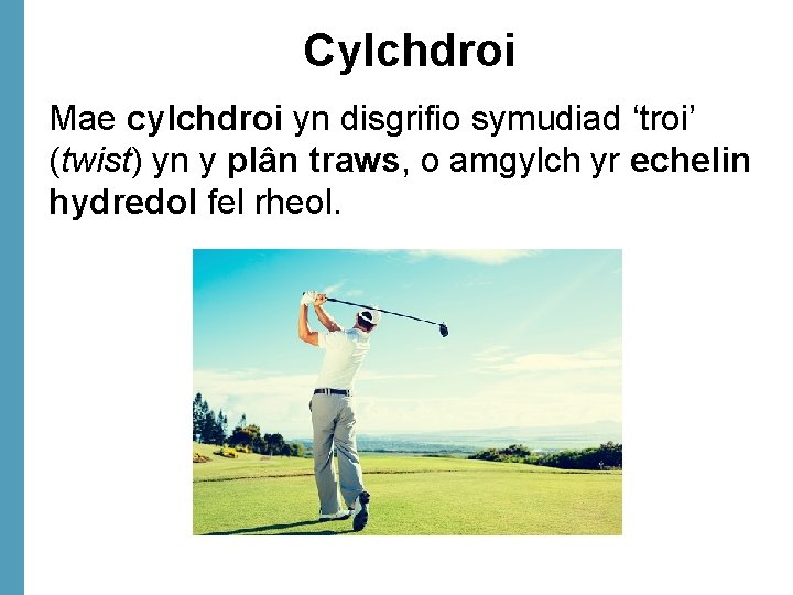 Cylchdroi Mae cylchdroi yn disgrifio symudiad ‘troi’ (twist) yn y plân traws, o amgylch