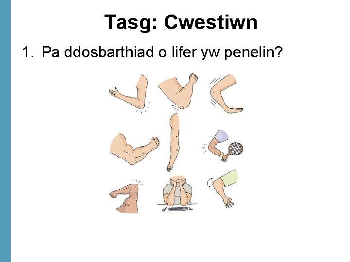 Tasg: Cwestiwn 1. Pa ddosbarthiad o lifer yw penelin? 