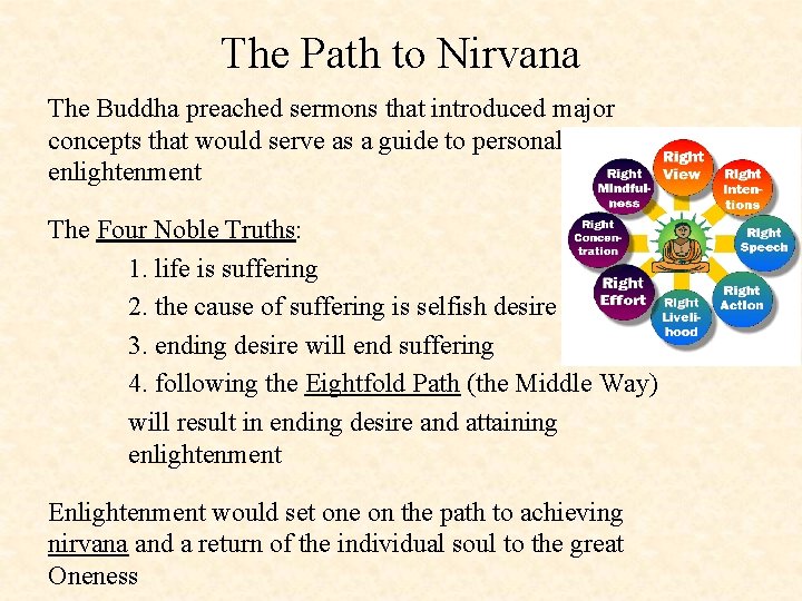 The Path to Nirvana The Buddha preached sermons that introduced major concepts that would