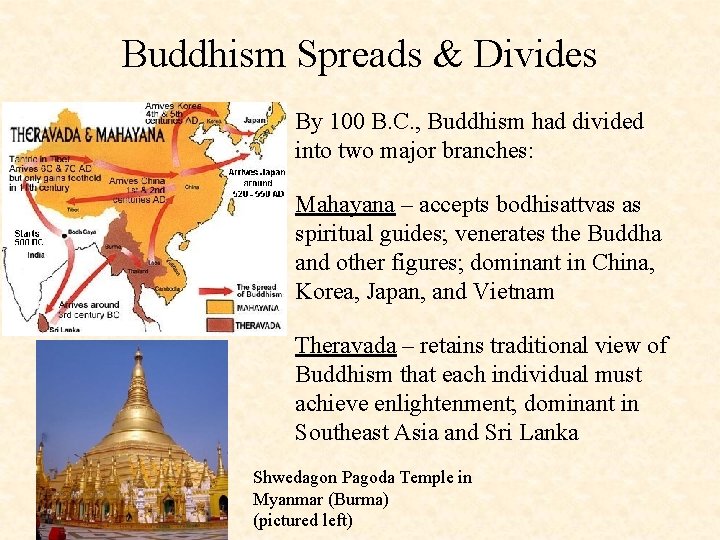 Buddhism Spreads & Divides By 100 B. C. , Buddhism had divided into two