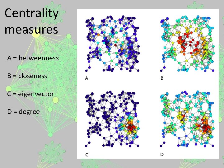 Centrality measures A = betweenness B = closeness C = eigenvector D = degree