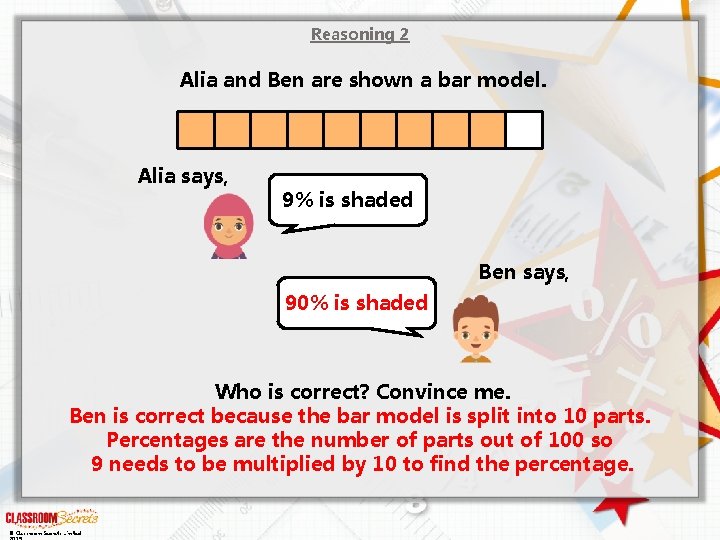 Reasoning 2 Alia and Ben are shown a bar model. Alia says, 9% is Reasoning 2 Alia and Ben are shown a bar model. Alia says, 9% is
