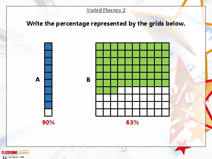 Varied Fluency 2 Write the percentage represented by the grids below. A B 90% Varied Fluency 2 Write the percentage represented by the grids below. A B 90%