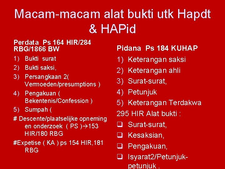 Macam-macam alat bukti utk Hapdt & HAPid Perdata Ps 164 HIR/284 RBG/1866 BW 1)