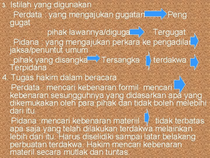 Istilah yang digunakan Perdata : yang mengajukan gugatan Peng gugat pihak lawannya/digugat Tergugat Pidana