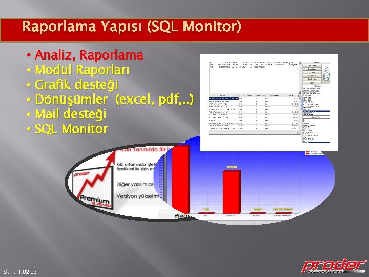 Raporlama Yapısı (SQL Monitor) • Analiz, Raporlama • Modül Raporları • Grafik desteği •