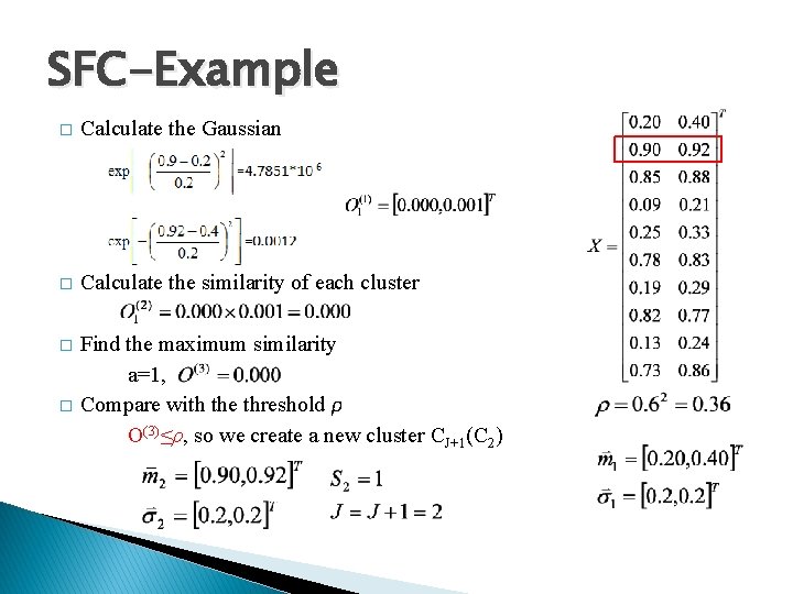 SFC-Example � Calculate the Gaussian � Calculate the similarity of each cluster � Find