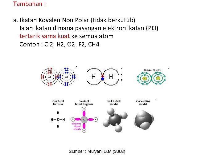 Tambahan : a. Ikatan Kovalen Non Polar (tidak berkutub) Ialah ikatan dimana pasangan elektron