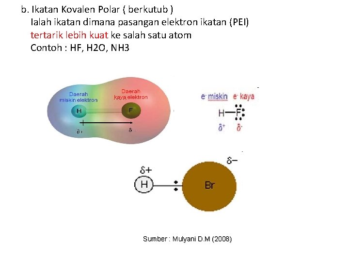 b. Ikatan Kovalen Polar ( berkutub ) Ialah ikatan dimana pasangan elektron ikatan (PEI)
