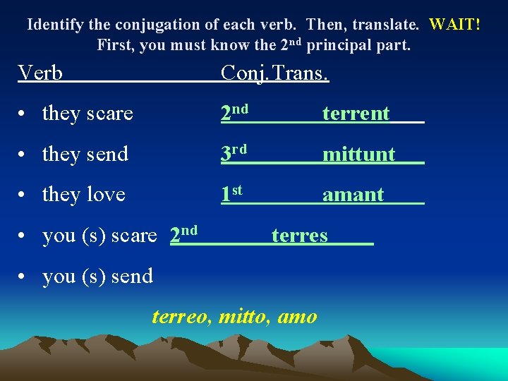 Identify the conjugation of each verb. Then, translate. WAIT! First, you must know the