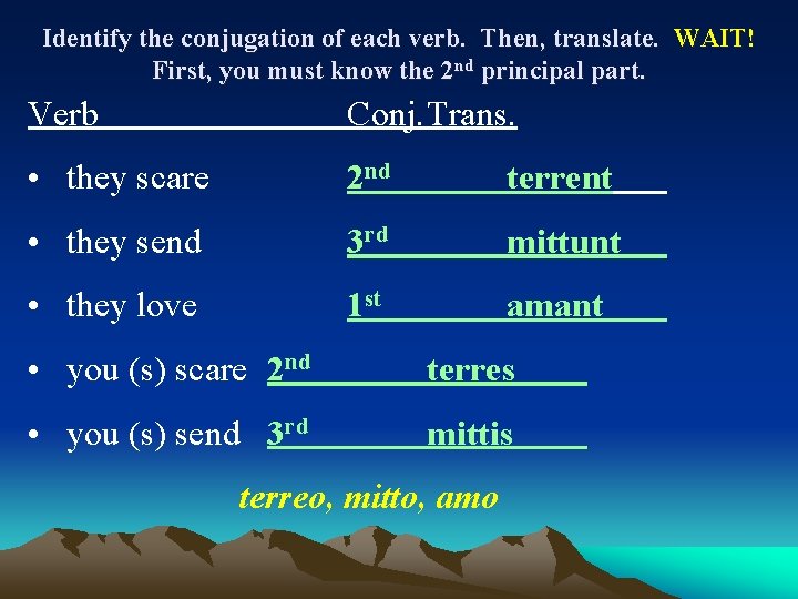 Identify the conjugation of each verb. Then, translate. WAIT! First, you must know the